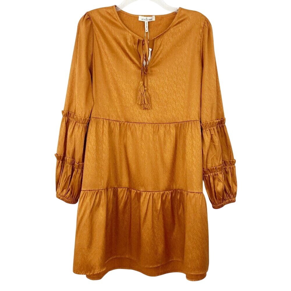NWT Emmie Rose Tiered Long‎ Sleeve Mini Dress Size M Tassels Ruffles Hi-lo